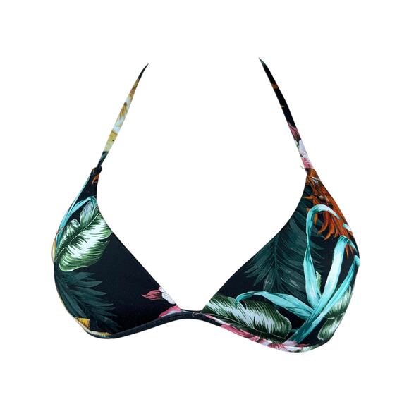 H&M Black Floral Spaghetti Strap Halter Neck Padded Triangle Bikini Top – Size 8 - Picture 1 of 5